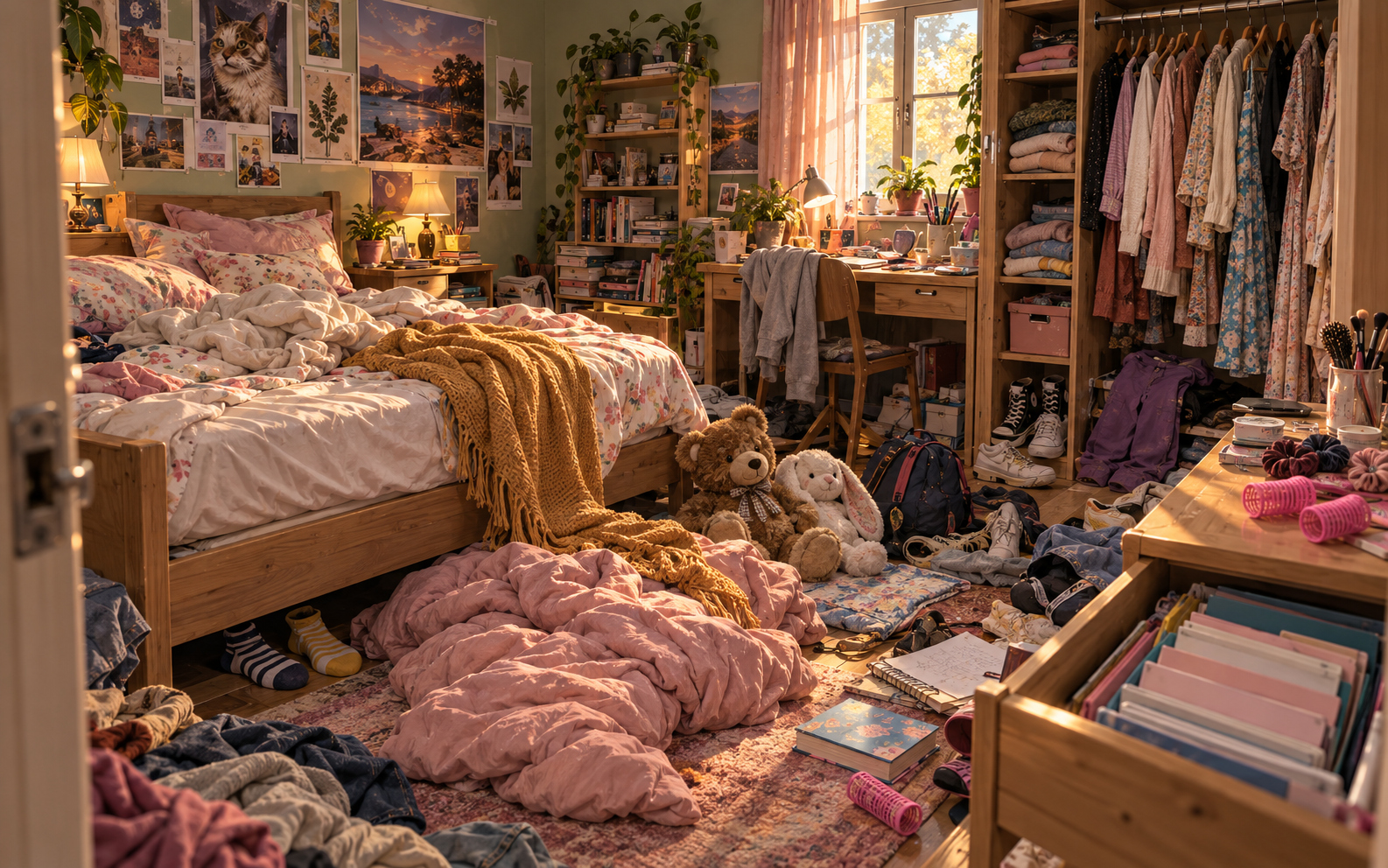 A chaotic bedroom with clothes and bedding scattered around
